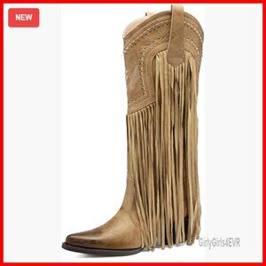 Knee High Western Boots with Chunky Heel, Pointed Toe, Embroidered Fringe